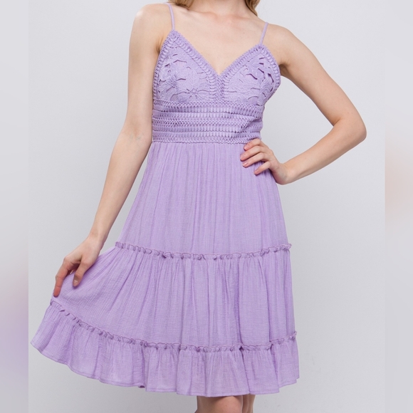 Wearing Rn🌷LOVE TREE Lavender Crochet Open Back Bow Tie Lace Waist Band Dress - Picture 3 of 11